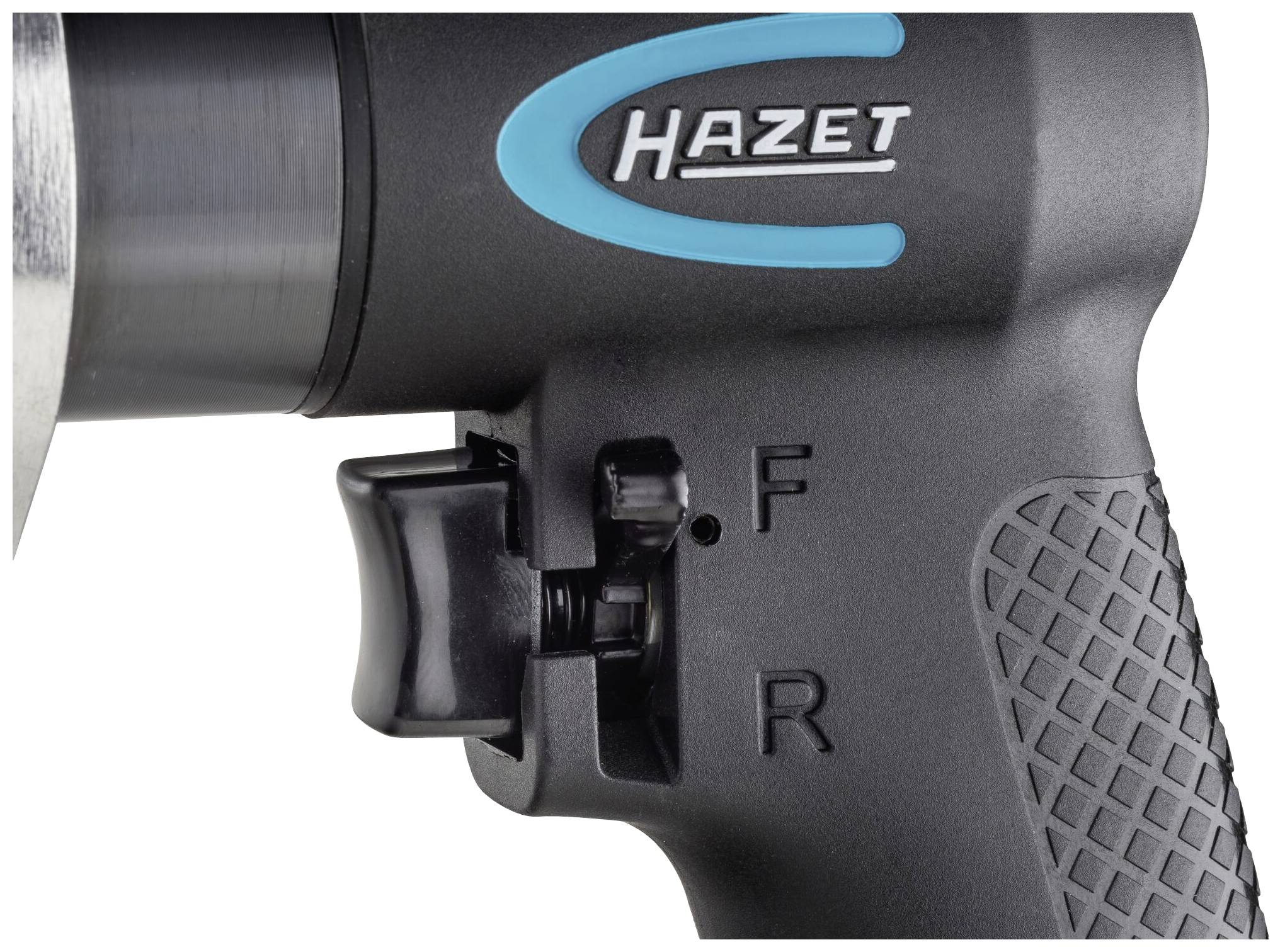 Close-up van een elektrisch gereedschap met 'Hazet'-logo, schakelaar voor vooruit (F) en achteruit (R), geribbelde handgreep.