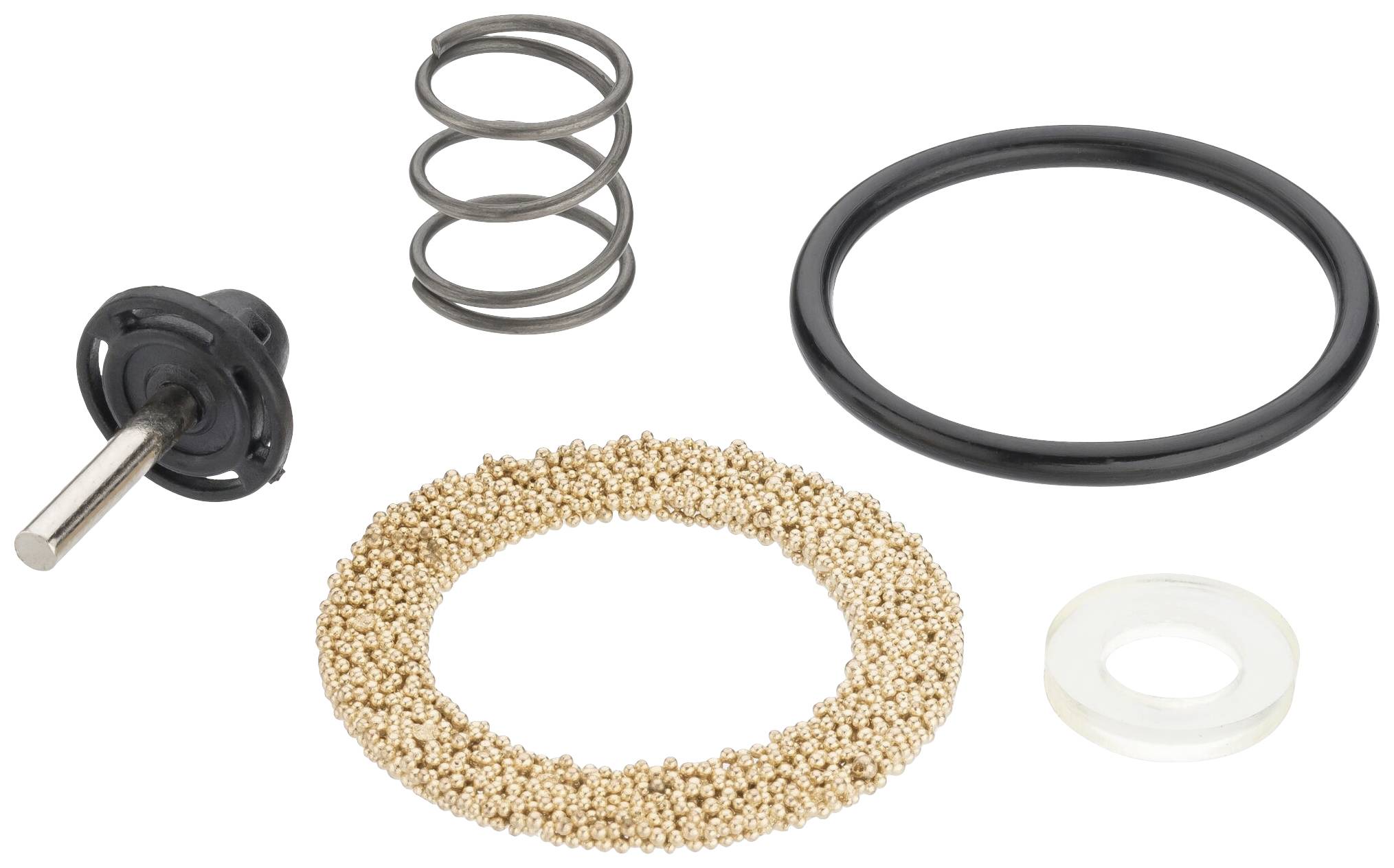 Vijf kleine machineonderdelen liggen op een wit oppervlak: veer, dichting, as, ronde metalen ring, transparante ring.