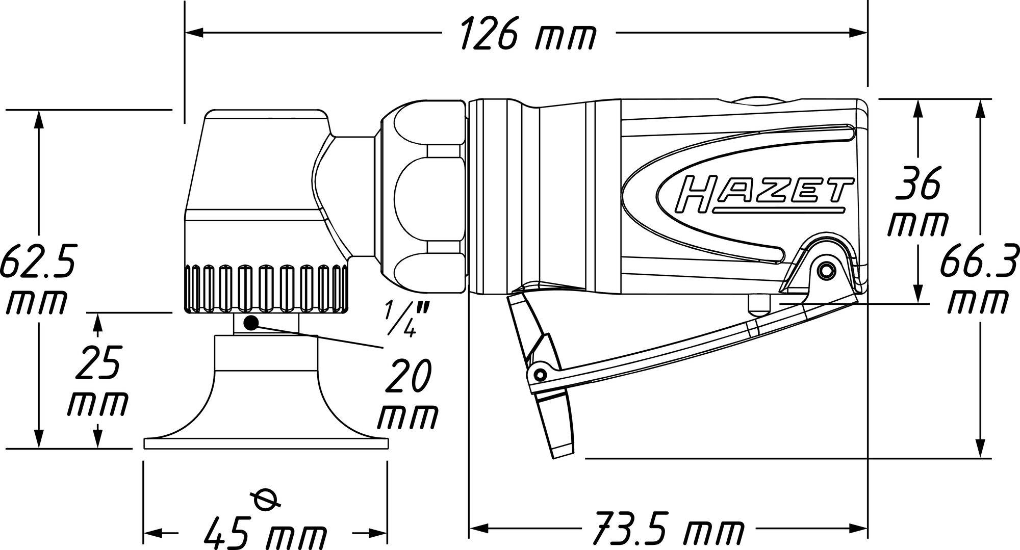 Diagram van een pneumatische slijpmachine met de afmetingen: lengte 126 mm, hoogte 36 tot 66,3 mm, schijfdiameter 45 mm.