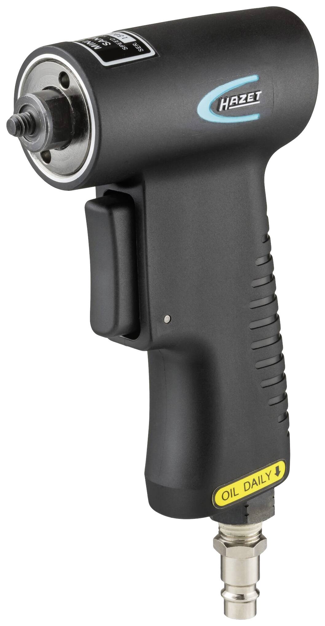 Een zwarte pneumatische slagmoersleutel met ergonomische handgreep en een gele aanwijzing 'Oil Daily'.