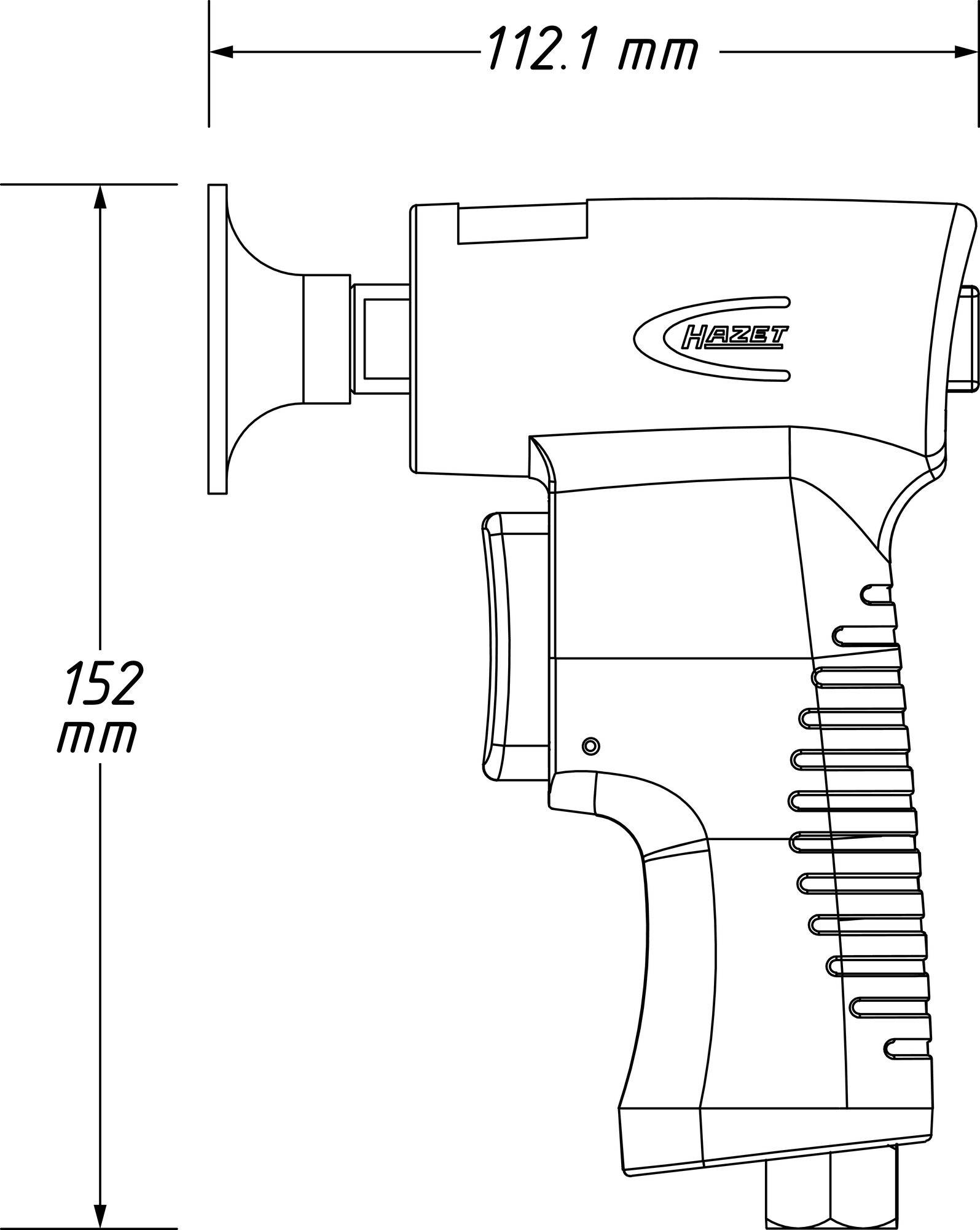 Afgebeeld is een technische tekening van een pneumatisch gereedschap met afmetingen van 112,1 mm en 152 mm; zijaanzicht.