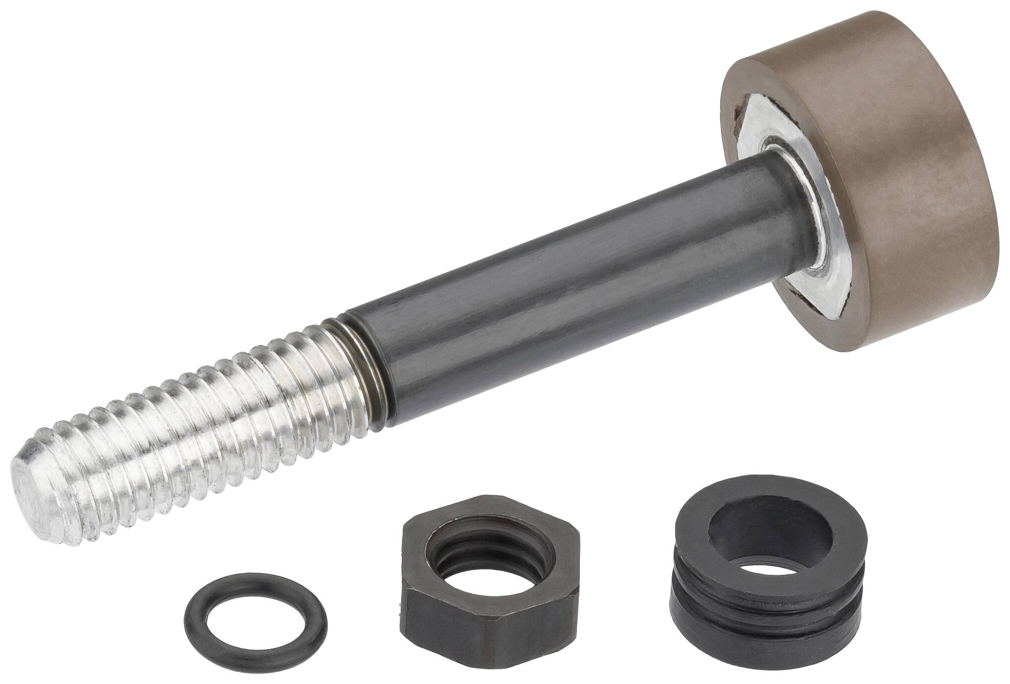 Een zwarte stelschroef met schroefdraad, een metalen dop, een O-ring en twee moeren ligt op een witte ondergrond.