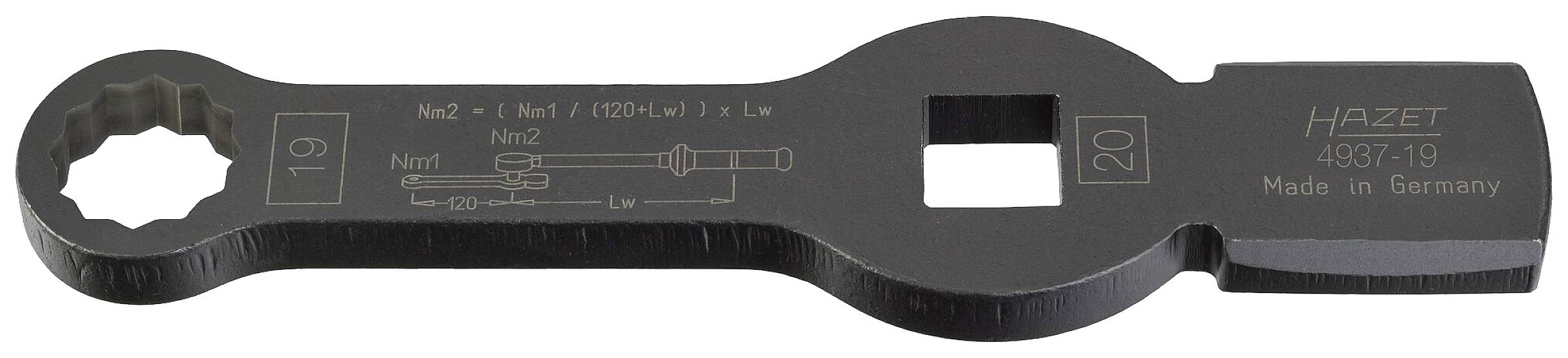 Dubbele steeksleutel met boxprofiel, maten 19 en 20. Gemarkeerd met 'HAZET 4937-19 Made in Germany' en een technische tekening.