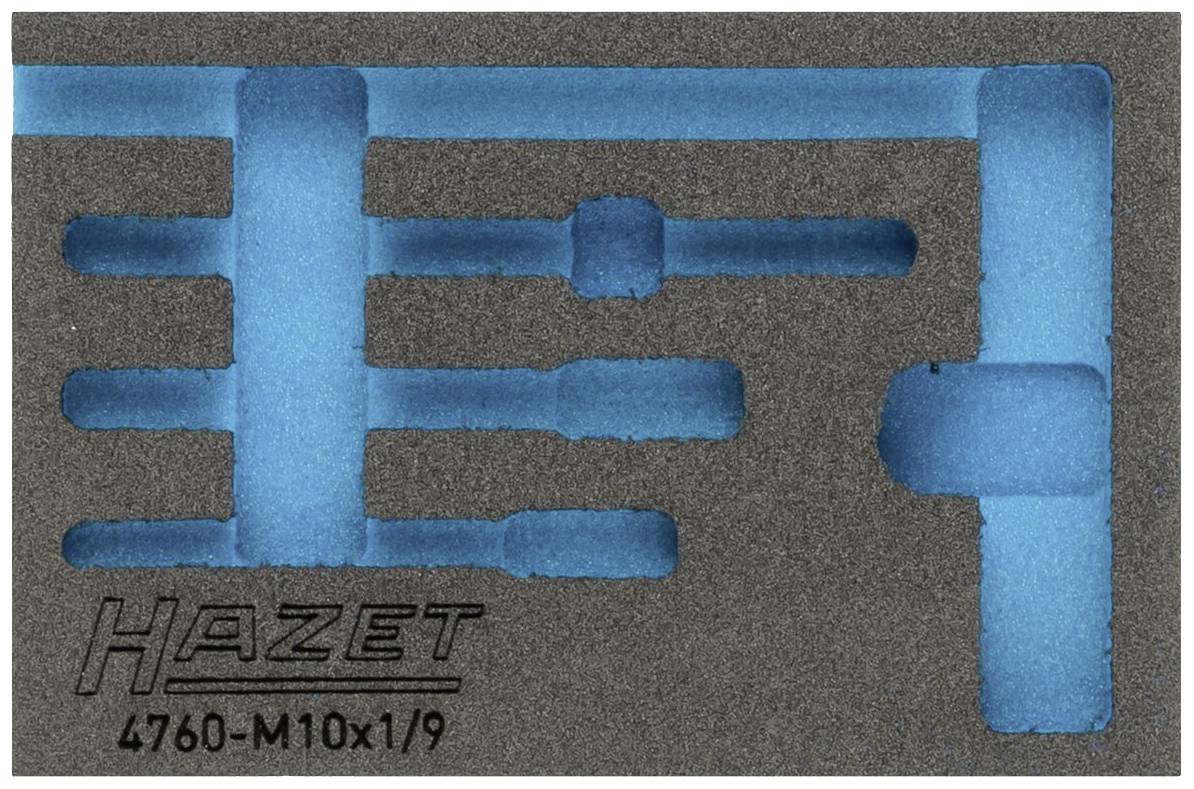 Schuimstof inleg met blauwe uitsparingen voor gereedschappen, gegraveerd met 'Hazet 4760-M10x1/9'.