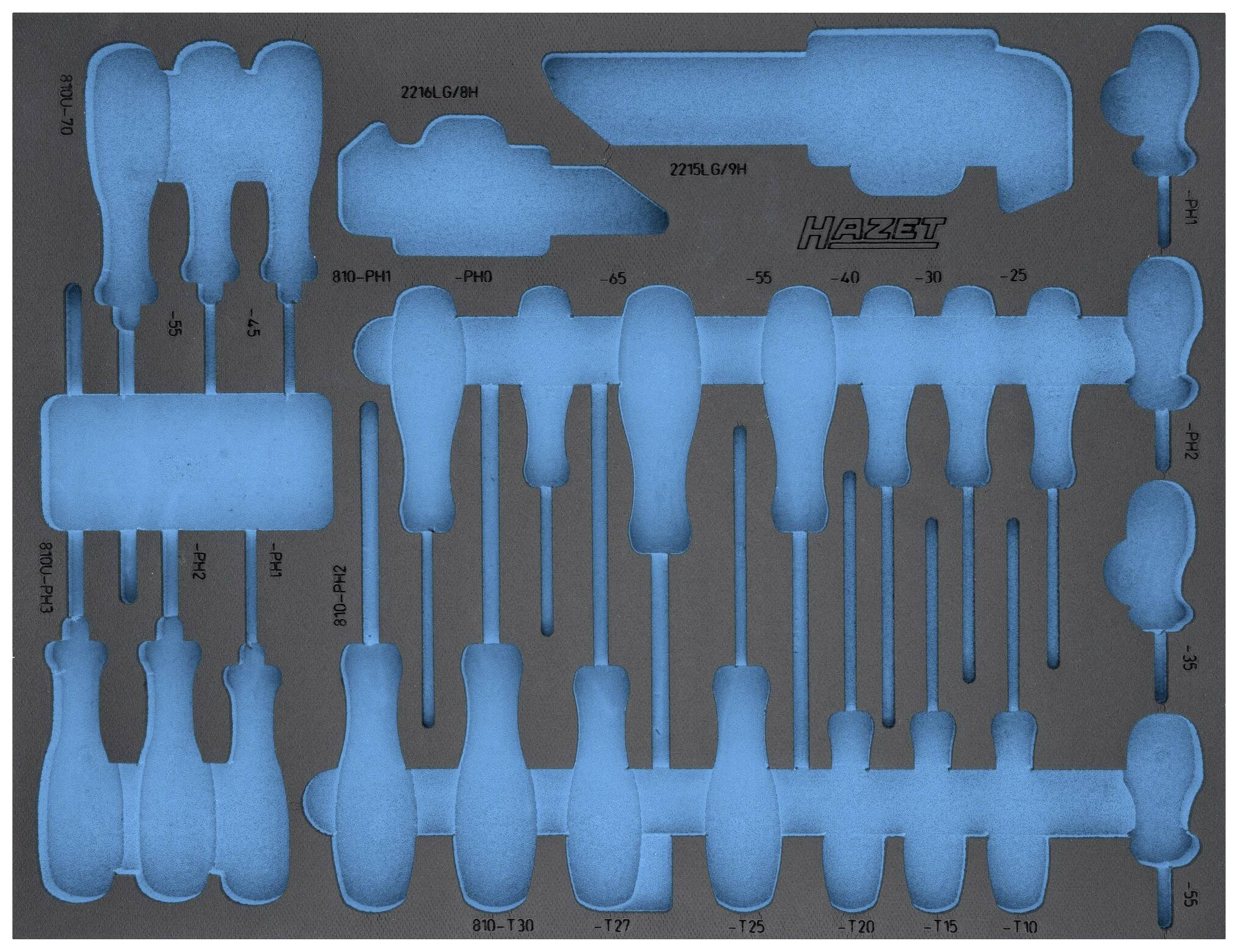 Een gereedschapshouder van schuimmateriaal met uitsparingen in verschillende vormen, geschikt voor schroevendraaiers en vergelijkbare gereedschappen.