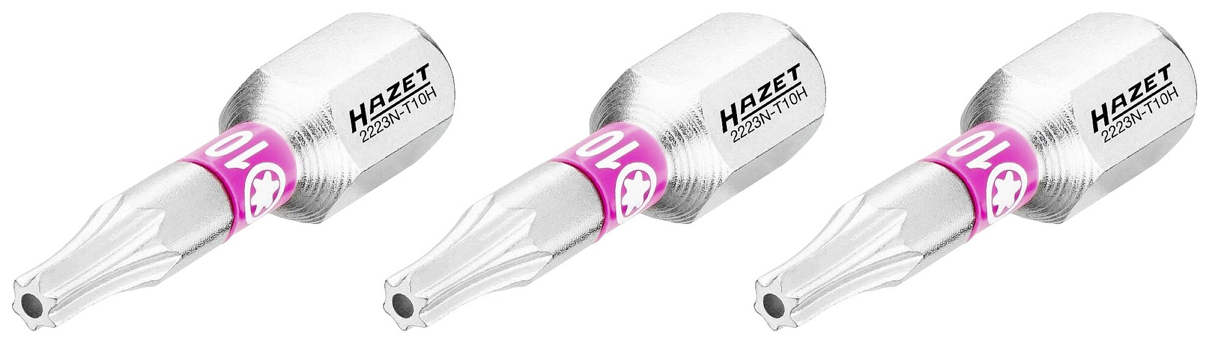 'Drie Hazet-gereedschapsopzetstukken met Torx-profiel en een markering T 10x25, zilverkleurig met roze ring, naast elkaar geplaatst.'
