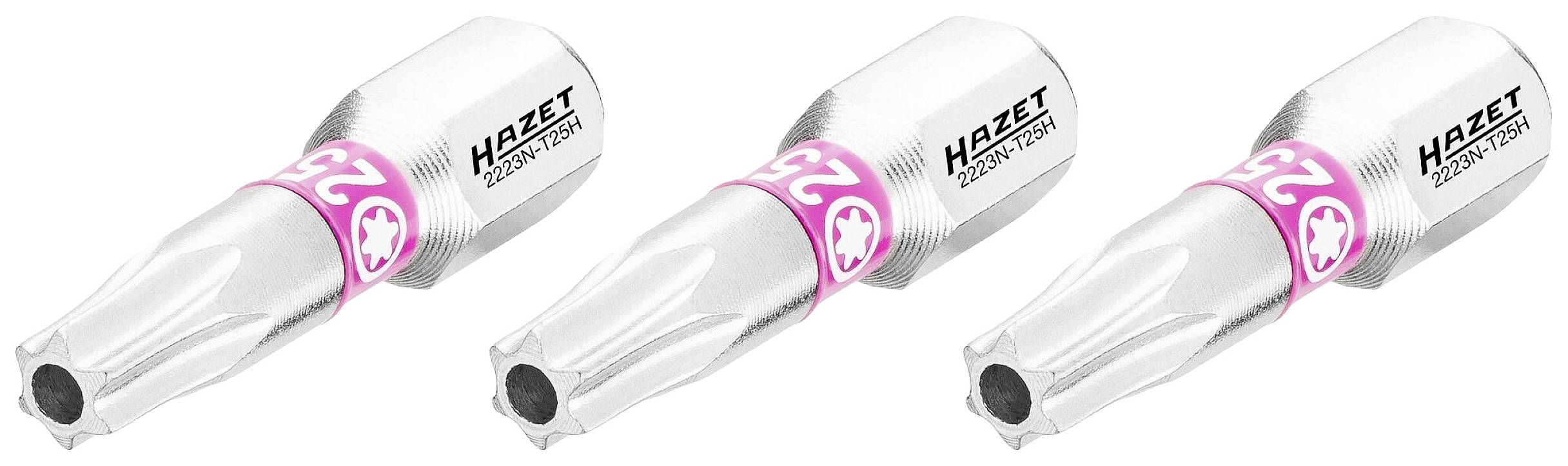 Drie zilveren adapters met roze nummers '25' en 'HAZET' opschrift, op een rij gerangschikt, op een witte achtergrond.