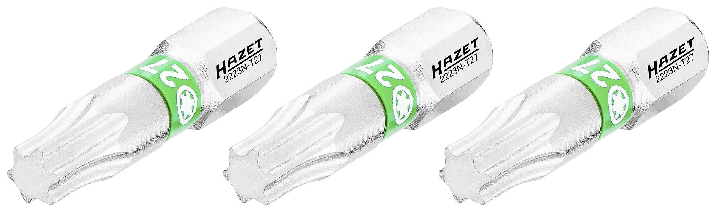 Drie zilveren zeskant-bitopzetstukken met groene markering en de opdruk 'HAZET 2759TX-E22', gerangschikt in een diagonale lijn.