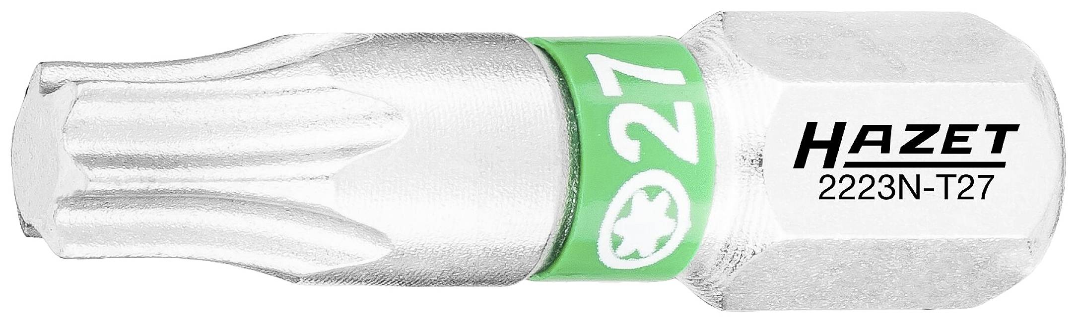 Een zilveren T27 Torx-bit van Hazet, modelnummer 2223N-T27, met groene ring voor gebruik in schroerinstrumenten.