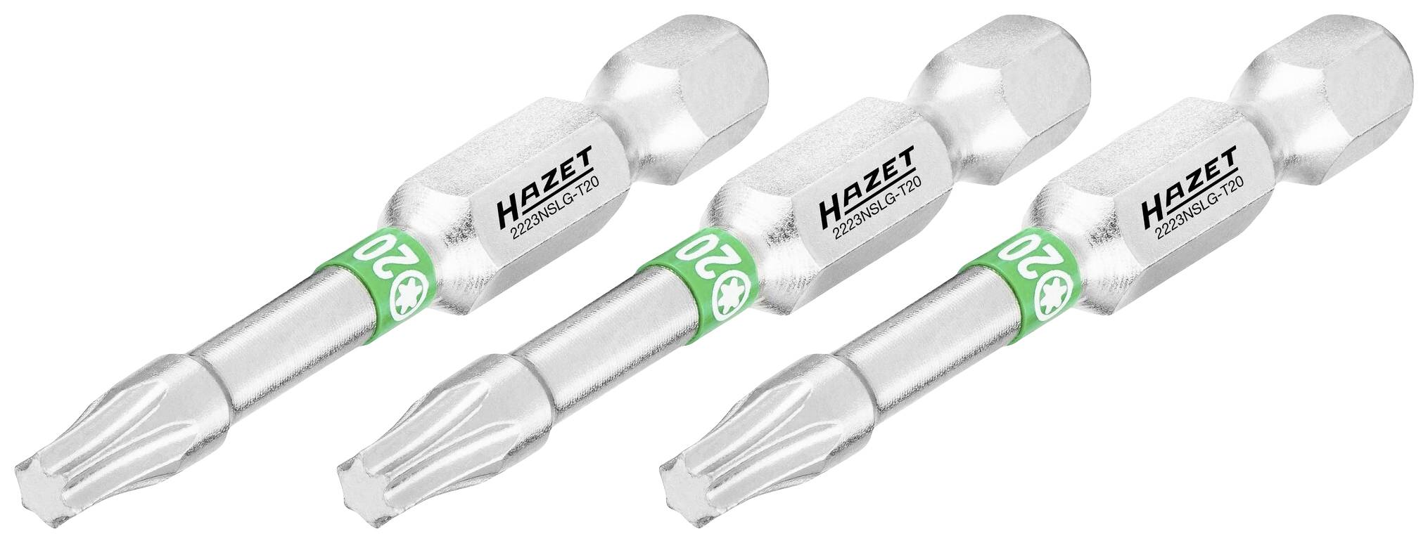 Drie zilveren Hazet Torx-schroebbits, maat T20, liggen naast elkaar, elk met een groene markering rond de schacht.