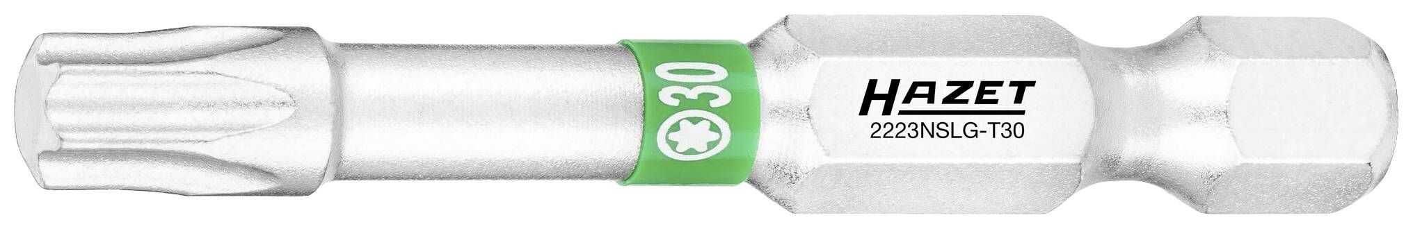 Torx-bit met handgreep 'HAZET' voor schroeftoepassingen, maat T30, zilverkleurig, met groene ring ter aanduiding.