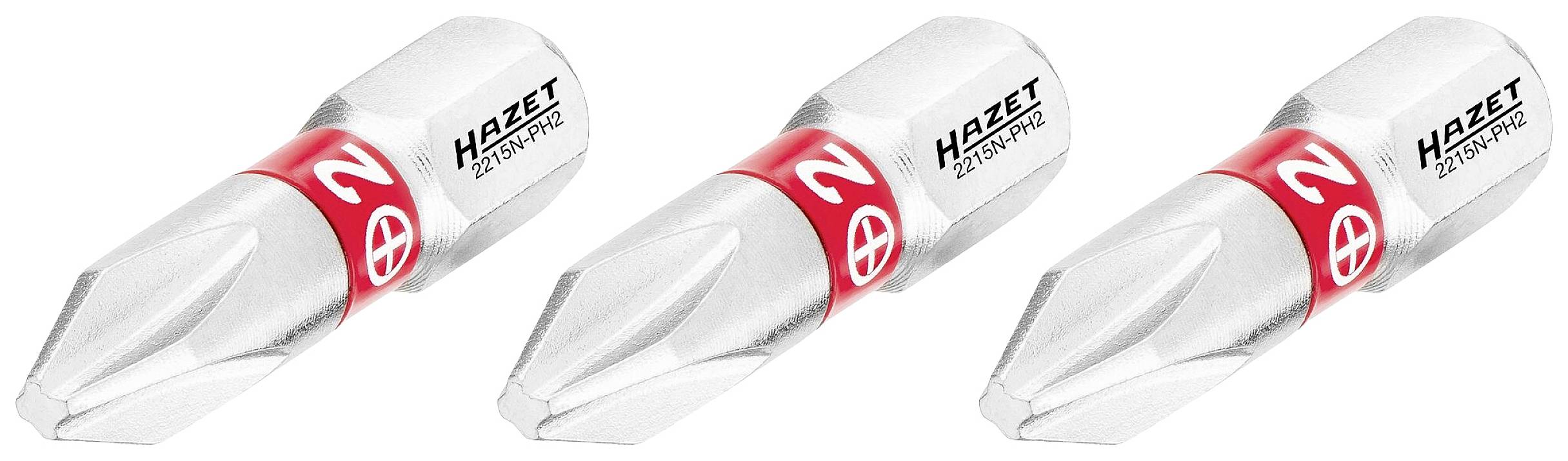 Drie zilveren schroevendraaierbitten met rode ring en logo.