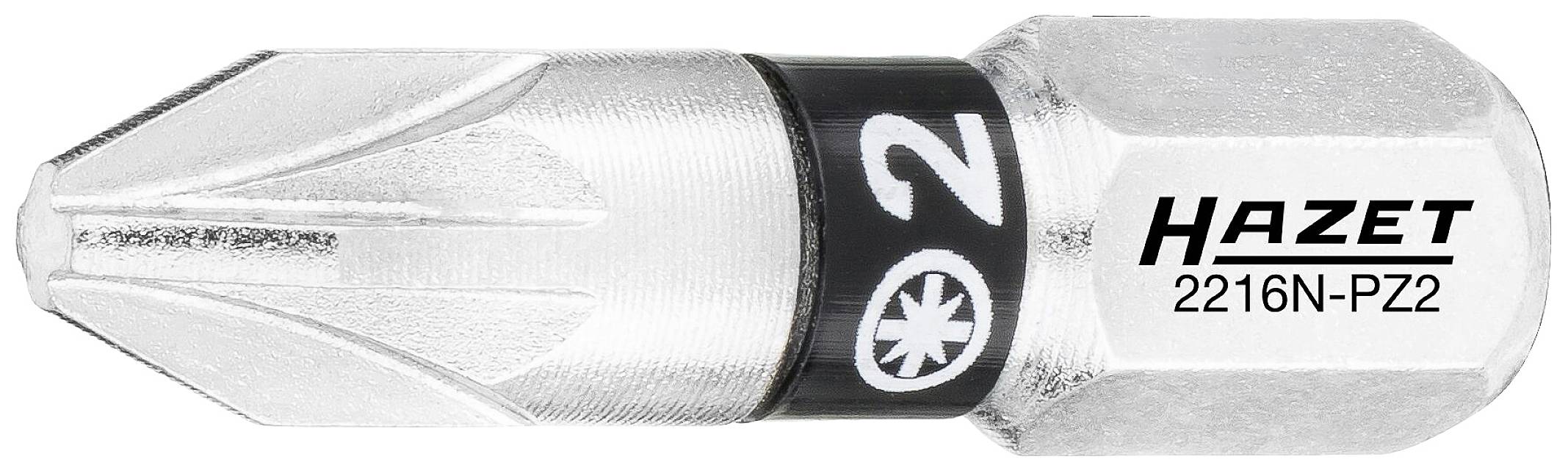 Kruiskopbit met opschrift 'HAZET 2216N-PZ2', geschikt voor Pozidriv-schroevendraaiers, metallisch glanzend.