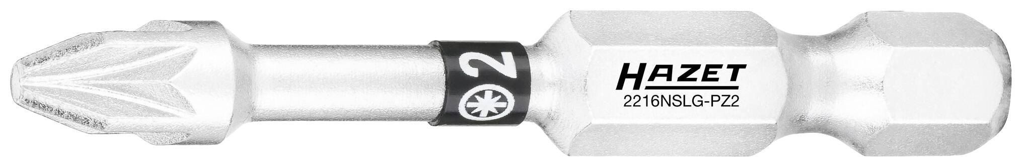 Schroevendraaierbit van het merk Hazet, type PZ2, zilverkleurig, met een zeskantopname en gegroefde schacht voor een betere grip.