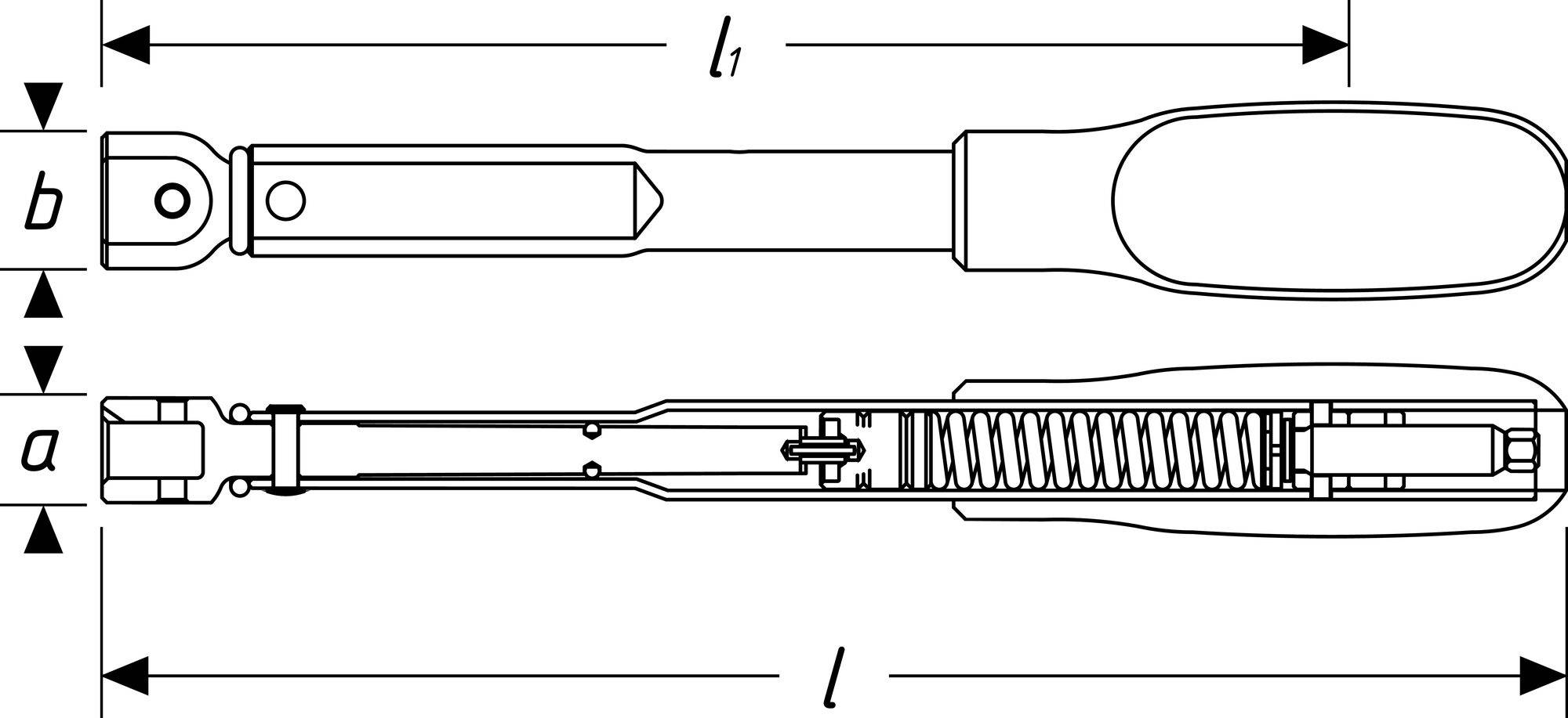 Diagram van een momentsleutel, toont afmetingen en doorsnede. Bovenaan met handgreep, onderaan mechanisme met veer. Maten l, l1, a, b.