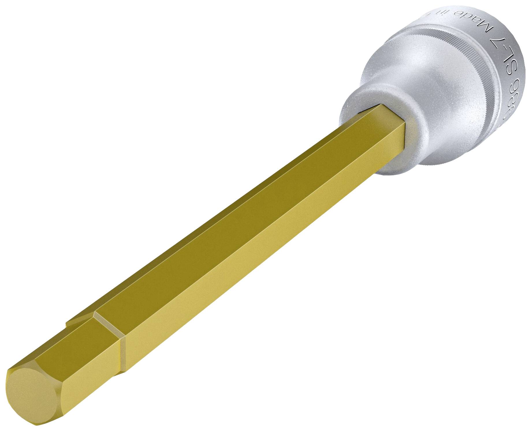 Goudkleurige zeskant-bitadapter met zilveren behuizing, geschikt voor schroeftoepassingen.