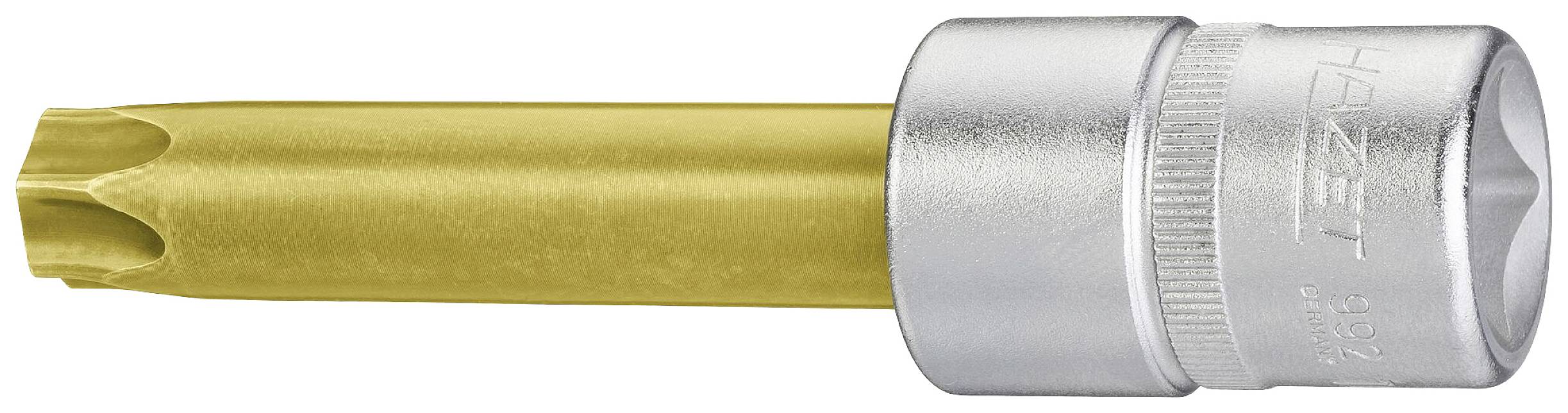Een goudkleurige Torx-bit in een zilveren steekbus. Het oppervlak lijkt metalig met glanzende details.