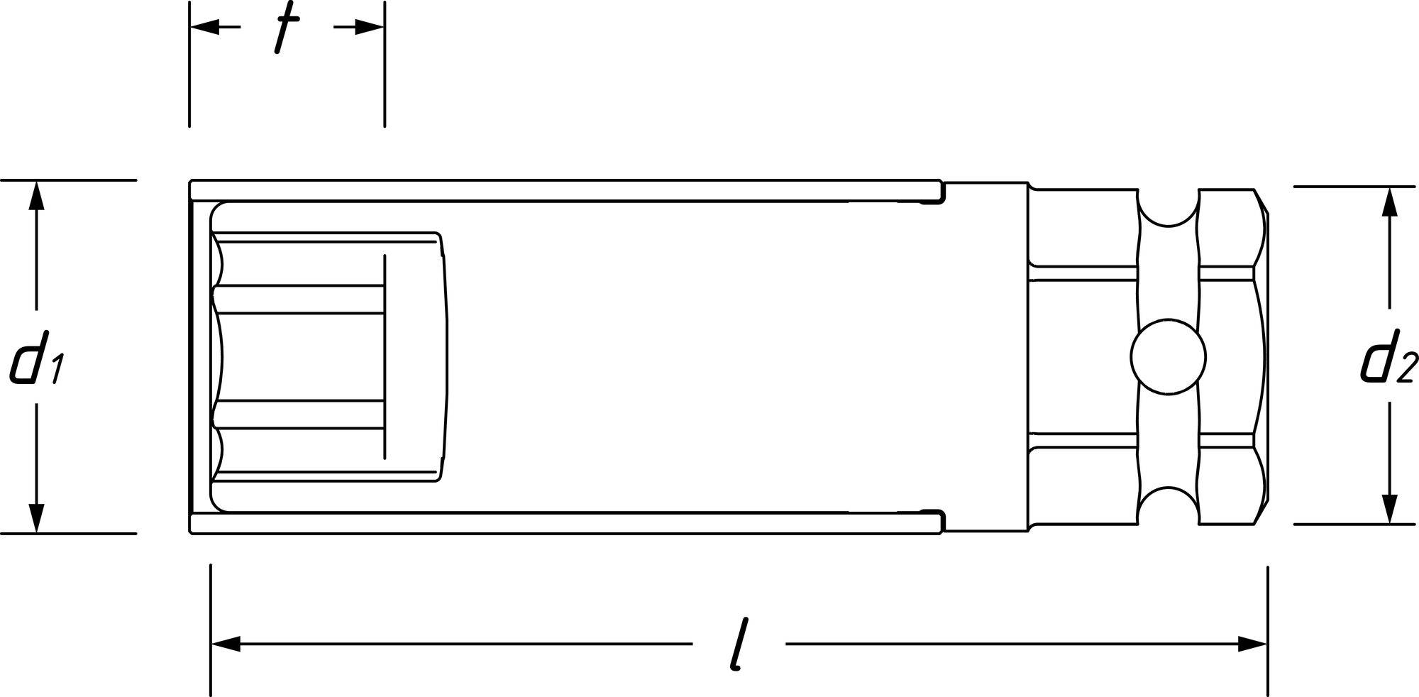 Werktuigbouwkundige tekening van een zeskante dopsleutel. Aangegeven zijn het type, de binnen- en buitendiameters, evenals de lengte.