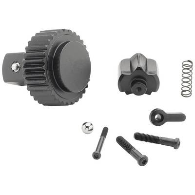 Een set van verschillende zwarte mechanische onderdelen, waaronder een tandwiel, veren, schroeven en een kogellager.