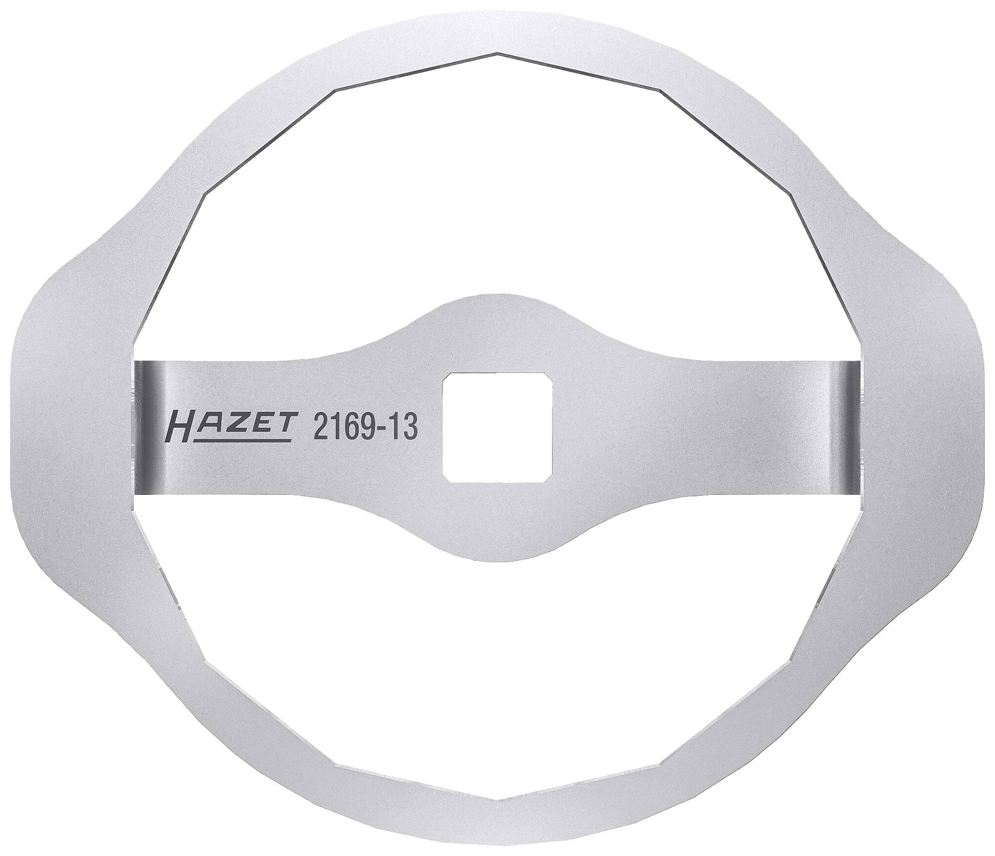 Een zilveren ringsleutel van het merk 'HAZET' met nummer 2169-13.