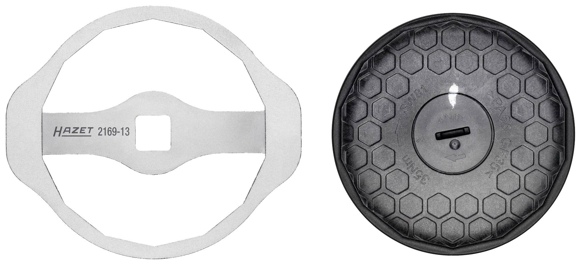 Twee verschillende gereedschappen: Links een zilveren metalen sleutel van 'HAZET 2169-13', rechts een grijze, ronde kunststof deksel.