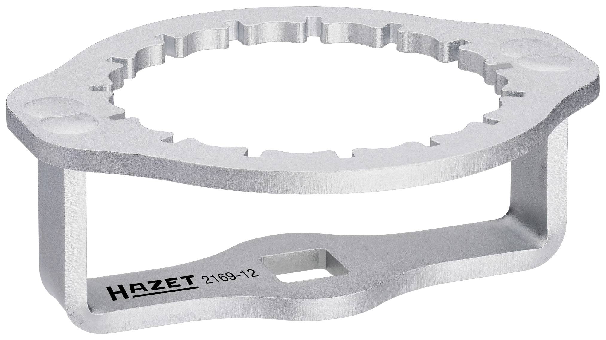 Een zilveren gereedschap van Hazet met nummer 2169-12, gebruikt voor het vastdraaien of losmaken van speciale bouten en moeren.