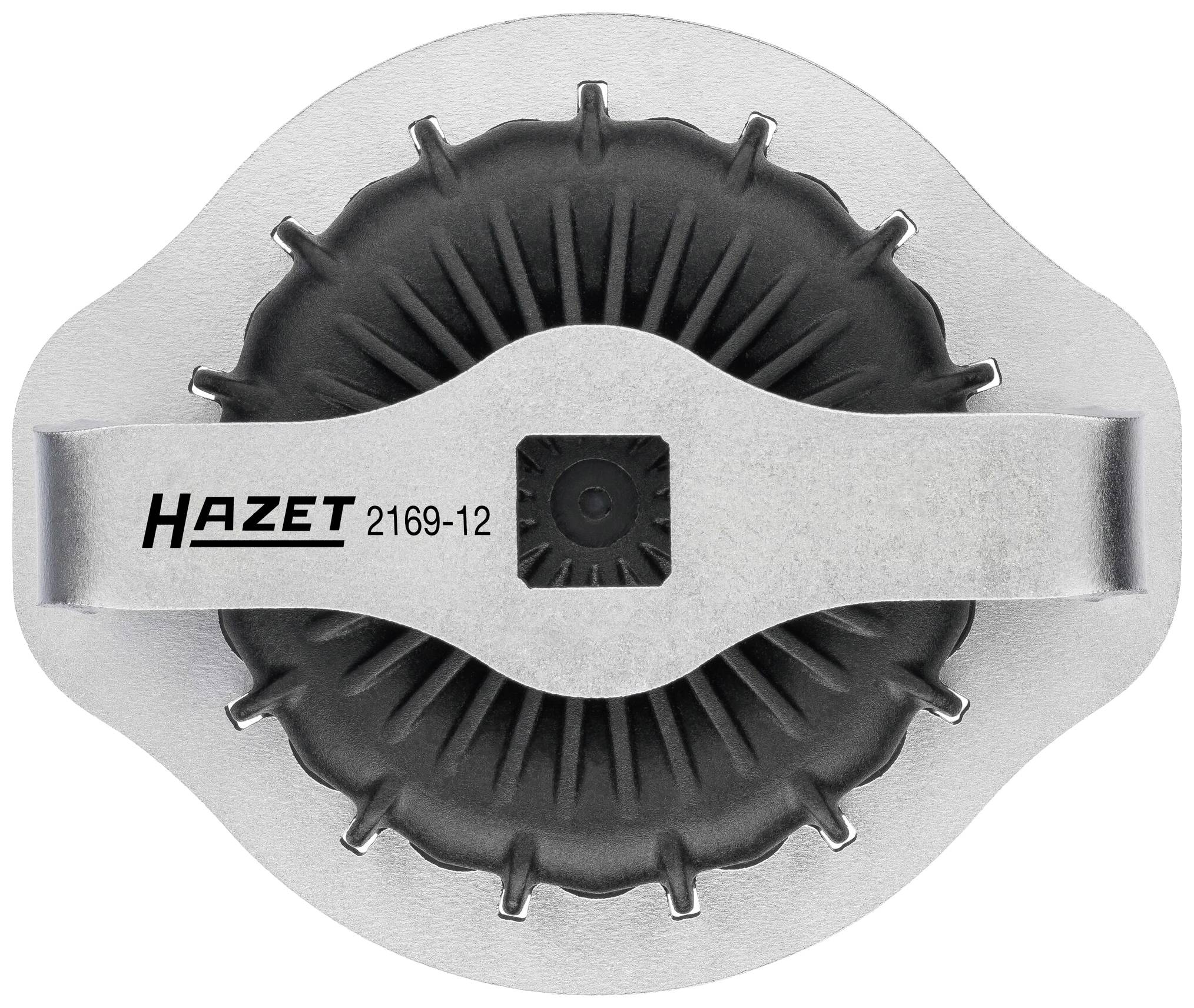 Een siliconen sleutelkussen met een grijze metalen klem, waarop 'Hazet 2169-12' staat.