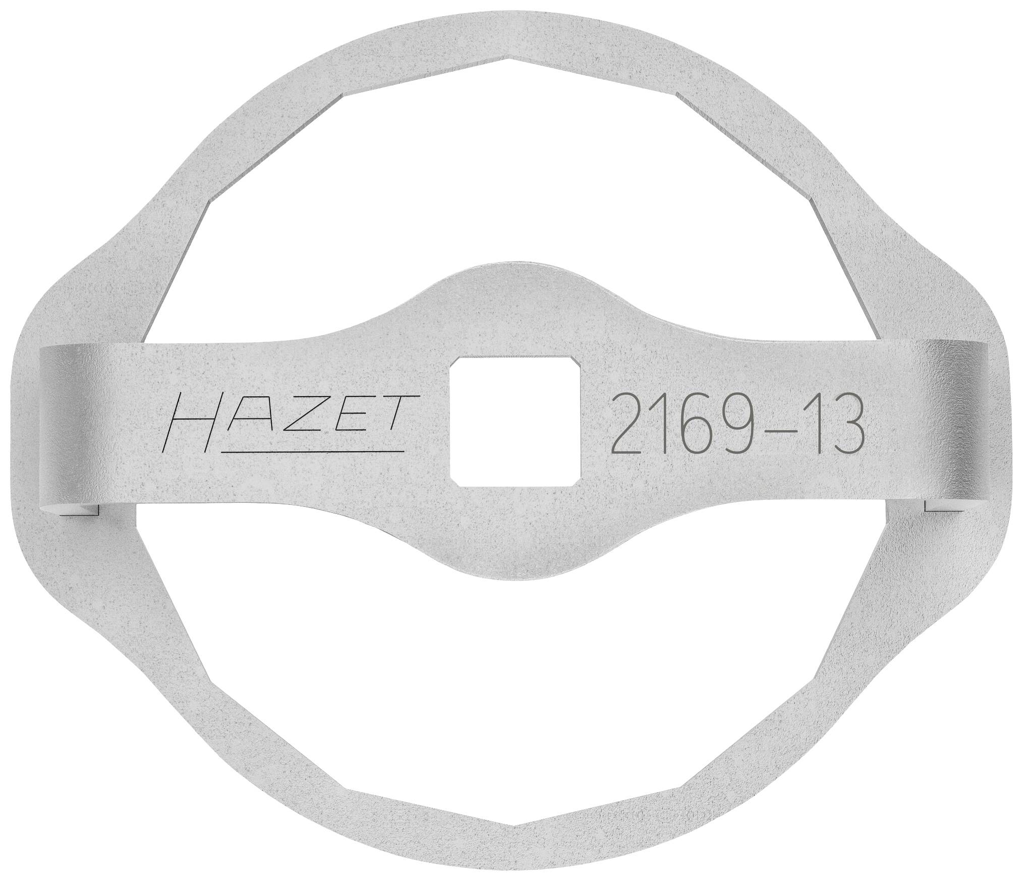 Metalen sleutel met 'HAZET 2169-13' gravure, omgeven door een ovale omlijsting.