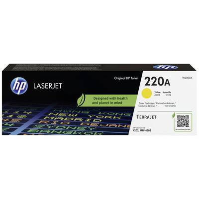Verpakking van HP LaserJet 220A Toner in Geel. Ontwerp met focus op gezondheid en milieu. Bevat QR-code en lijst van stadsnamen.