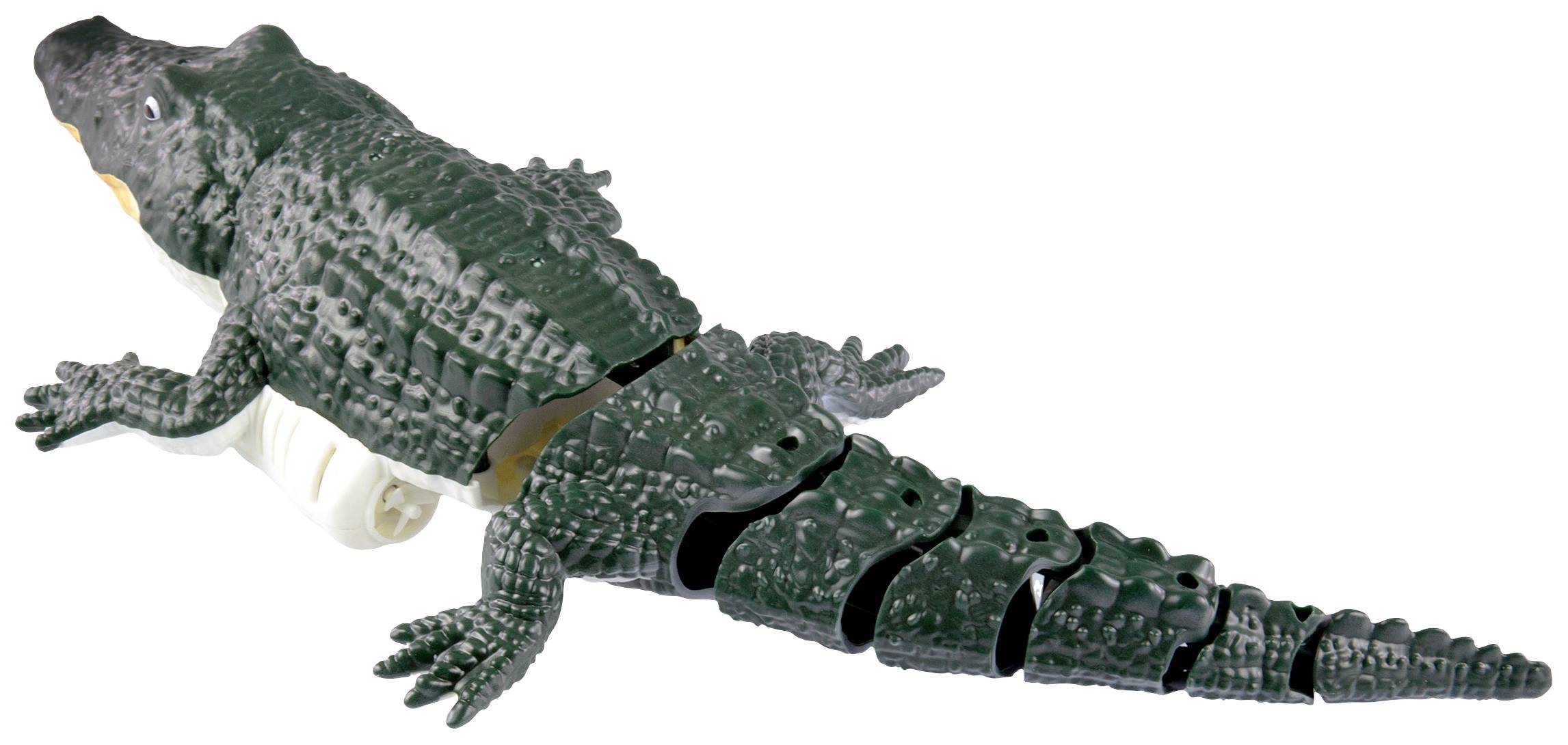 Plastic speelgoedkrokodil. Het is gesegmenteerd in meerdere delen en vertoont een groene schubbenstructuur.