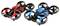 Twee op afstand bestuurde quadrocopters in rood en blauw met vier rotoren, naast elkaar op een witte achtergrond.