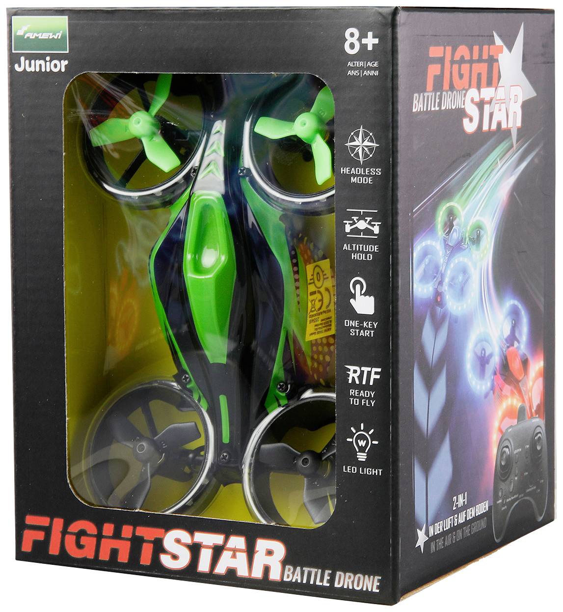 Verpakking van 'Fightstar Battle Drone' speelgoeddrone voor kinderen vanaf 8 jaar, inclusief afstandsbediening. Vermeldt functies zoals Headless Mode en LED-verlichting.