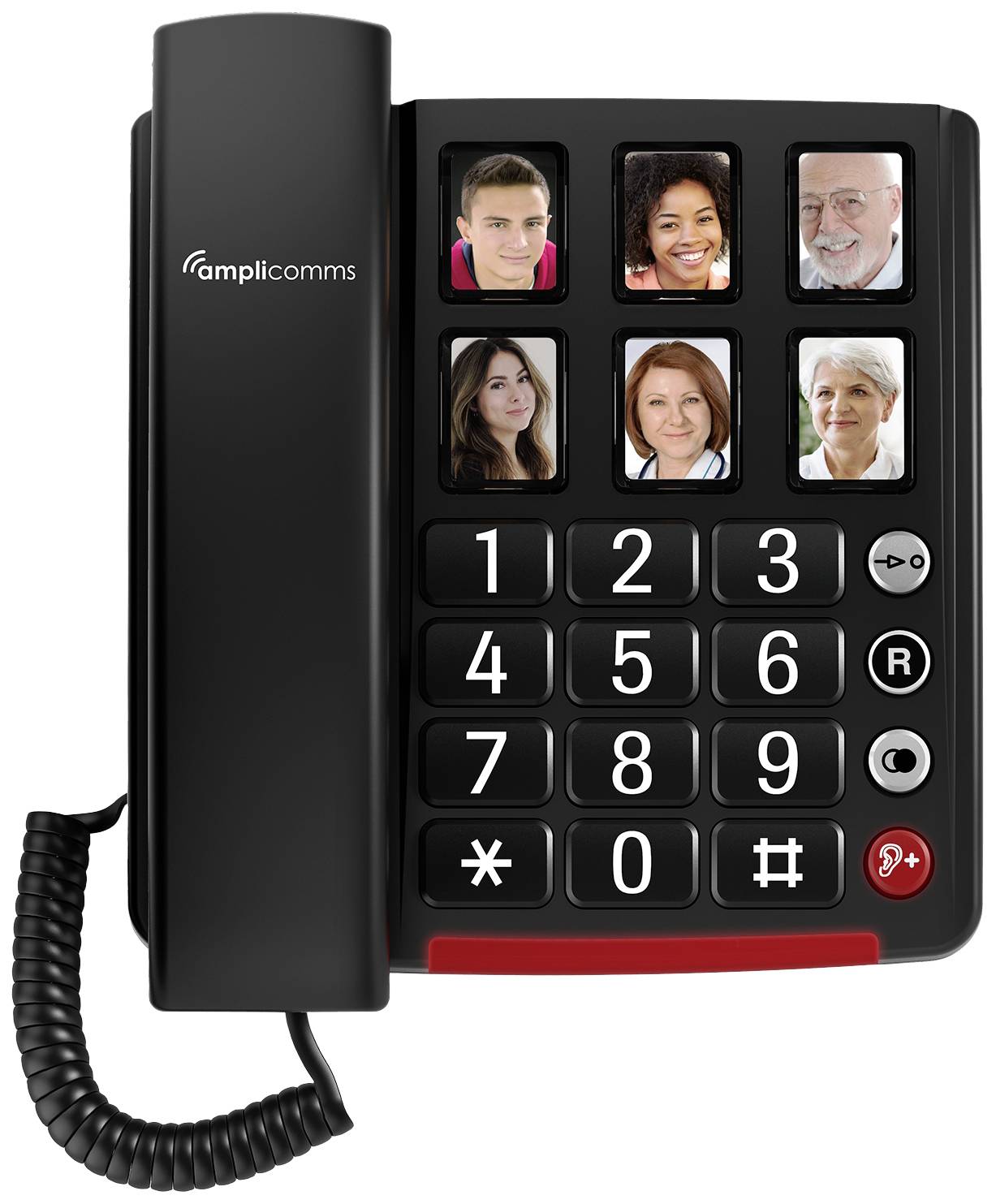 Een telefoon met grote toetsen en zes beeldtoetsen voor directe kiessnelkeuzenummers. De beeldtoetsen tonen verschillende personen voor snelle oproepen.