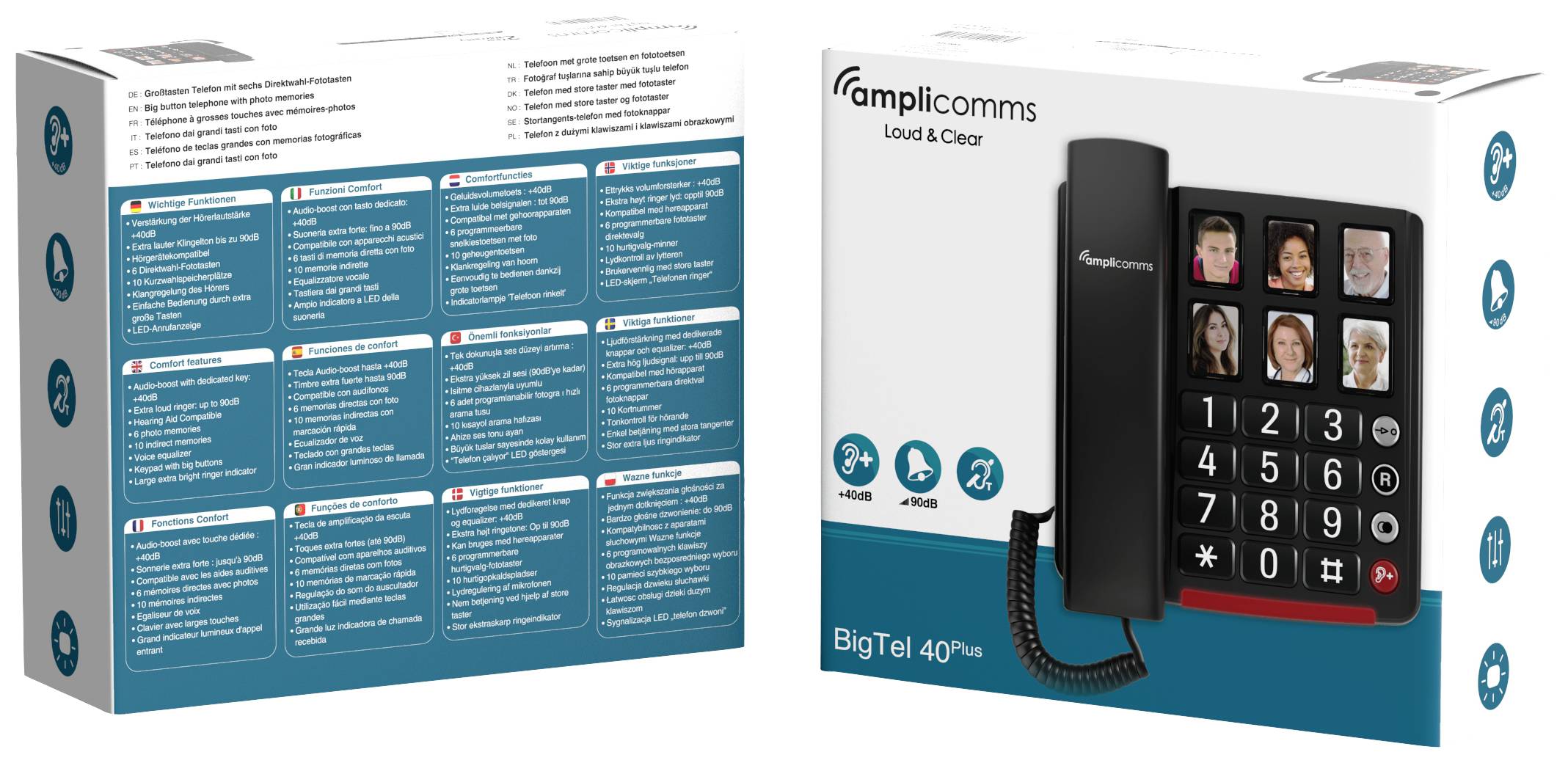 Verpakking van een telefoon met grote toetsen en foto-opslaggerelateerde toetsen. Merknaam 'amplicomms' en model 'BigTel 40 Plus'. Geschikt voor senioren.