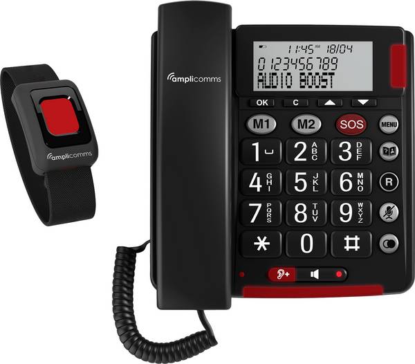 Amplicomms BigTel 50 Alarm Plus Vaste seniorentelefoon Compatibel voor hoorapparatuur, Incl. noodoproep, Nummerherhaling LED-display Zwart