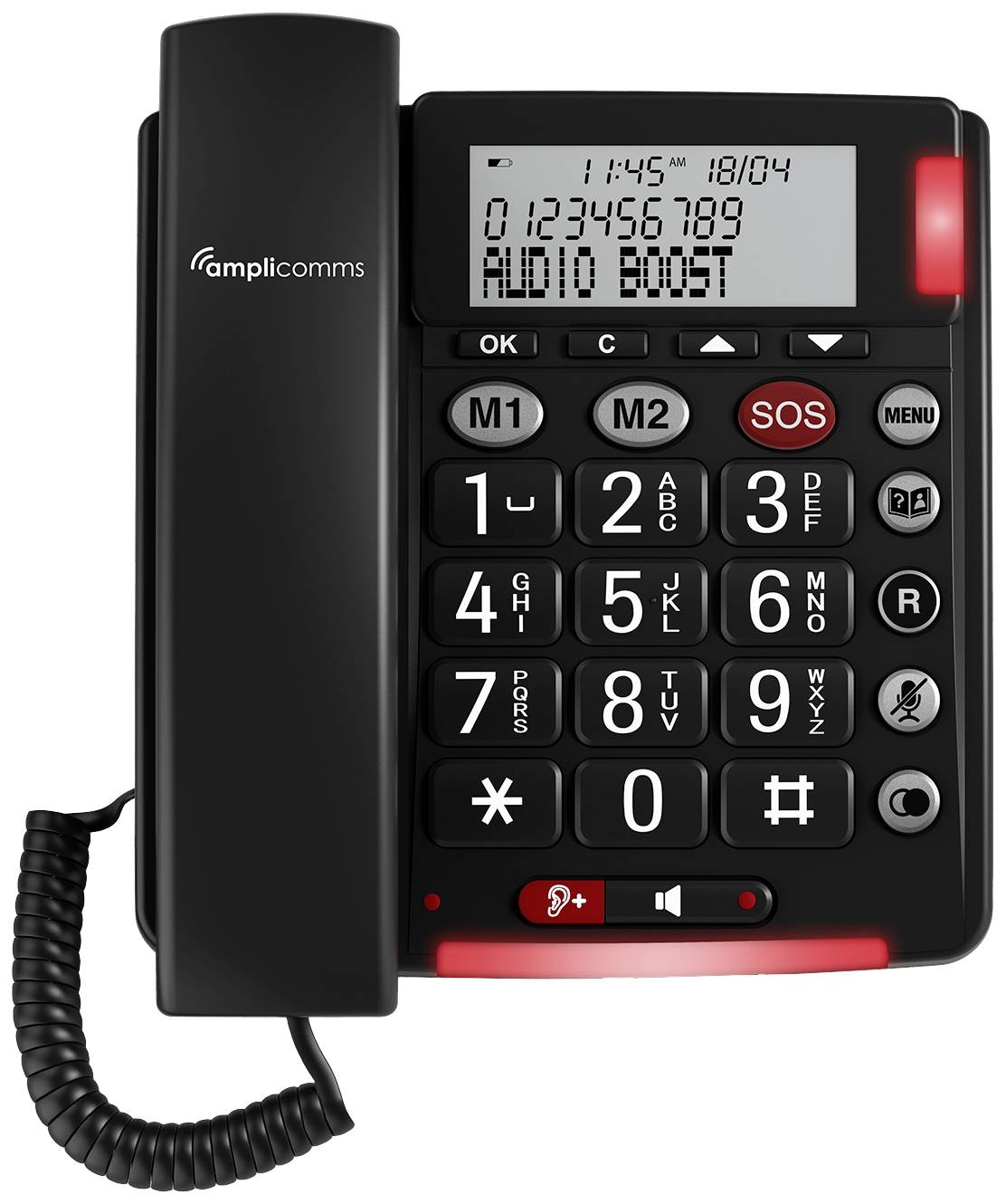 Een zwarte telefoon met grote, genummerde toetsen en een display dat een nummer toont. Hij heeft een SOS-knop en handsfree-functie.