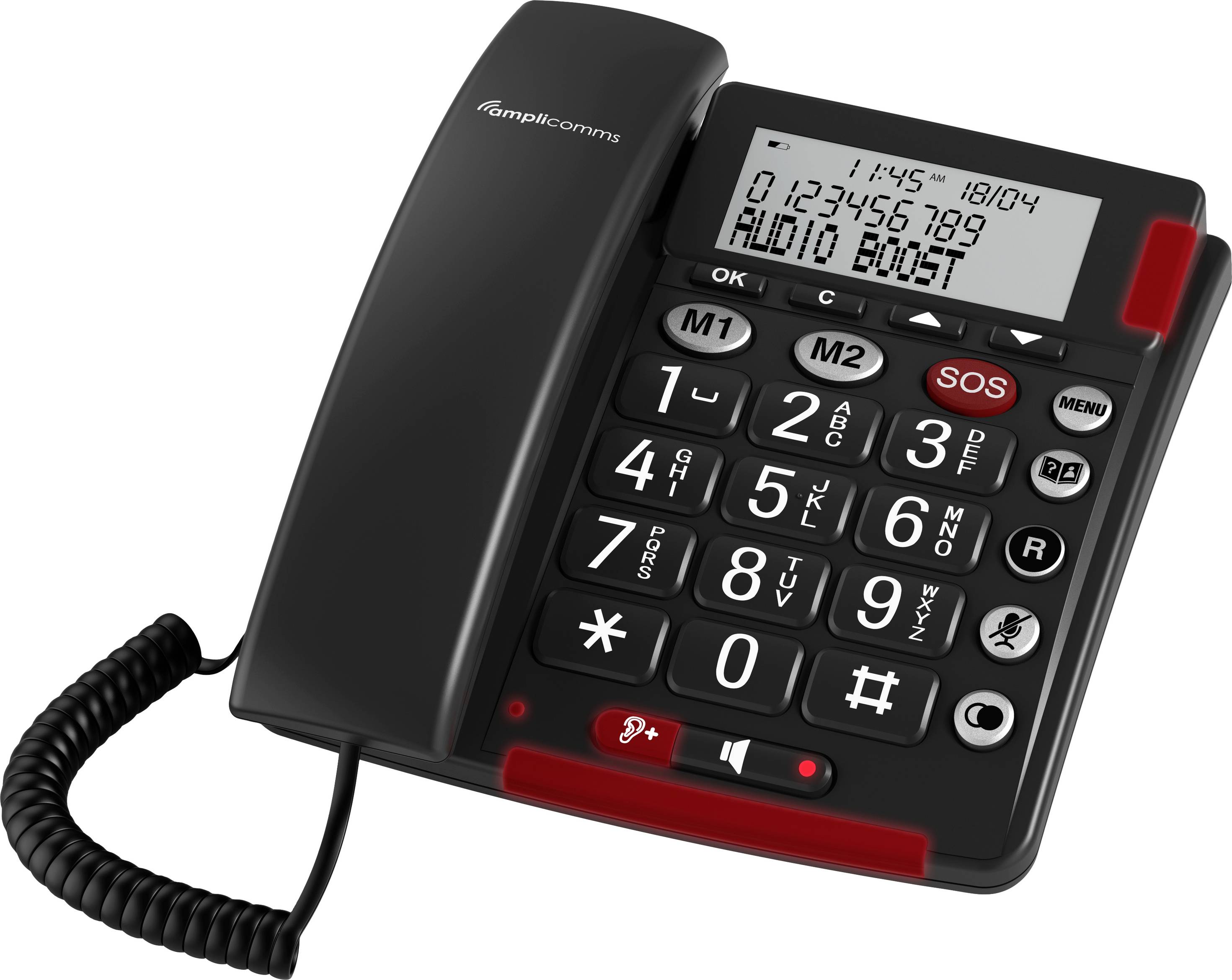 Een vaste telefoon met grote toetsen, SOS-knop en display dat de tijd en datum toont. De hoorn is links neergelegd.
