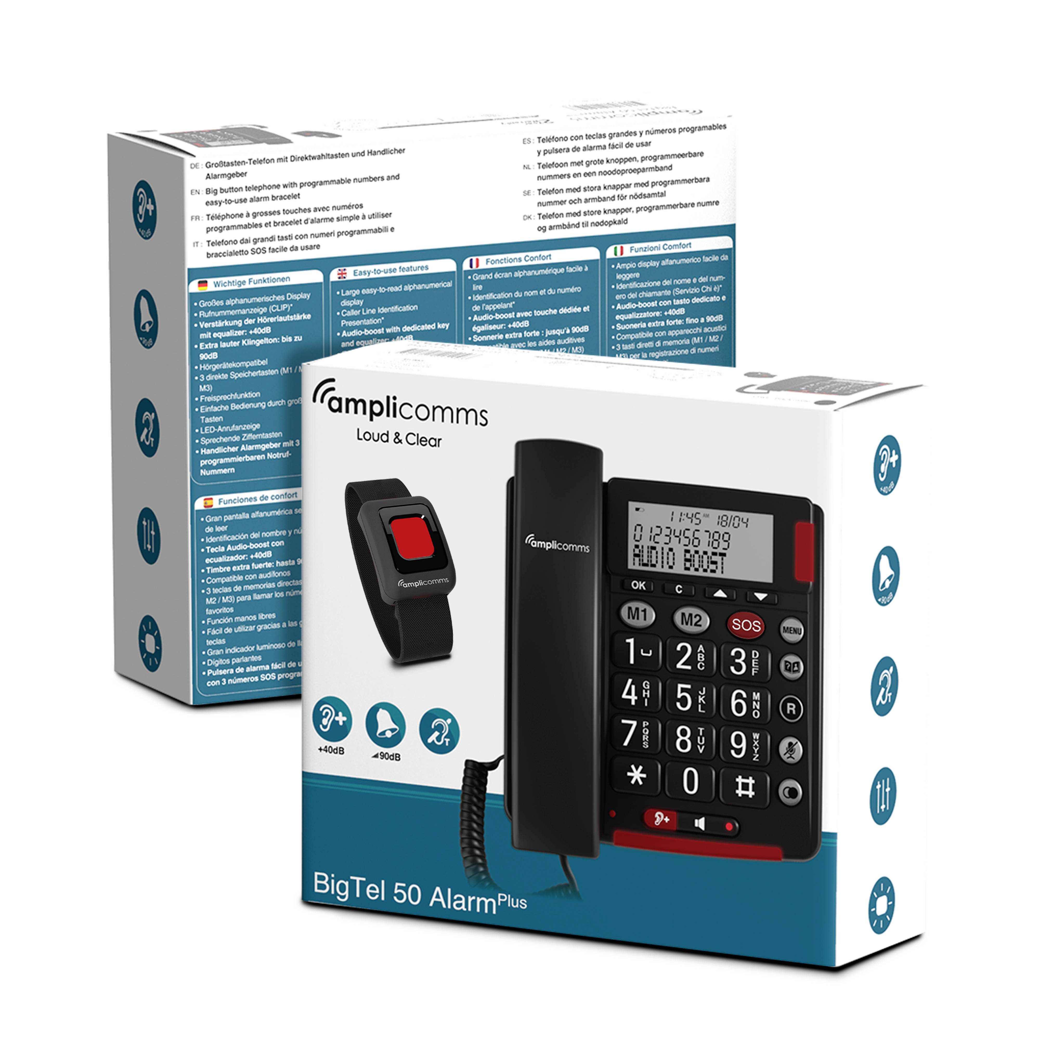 Verpakking van een seniorentelefoon met groot display en SOS-knop. Bevat eigenschappen zoals 'luide toon' en grote toetsen.