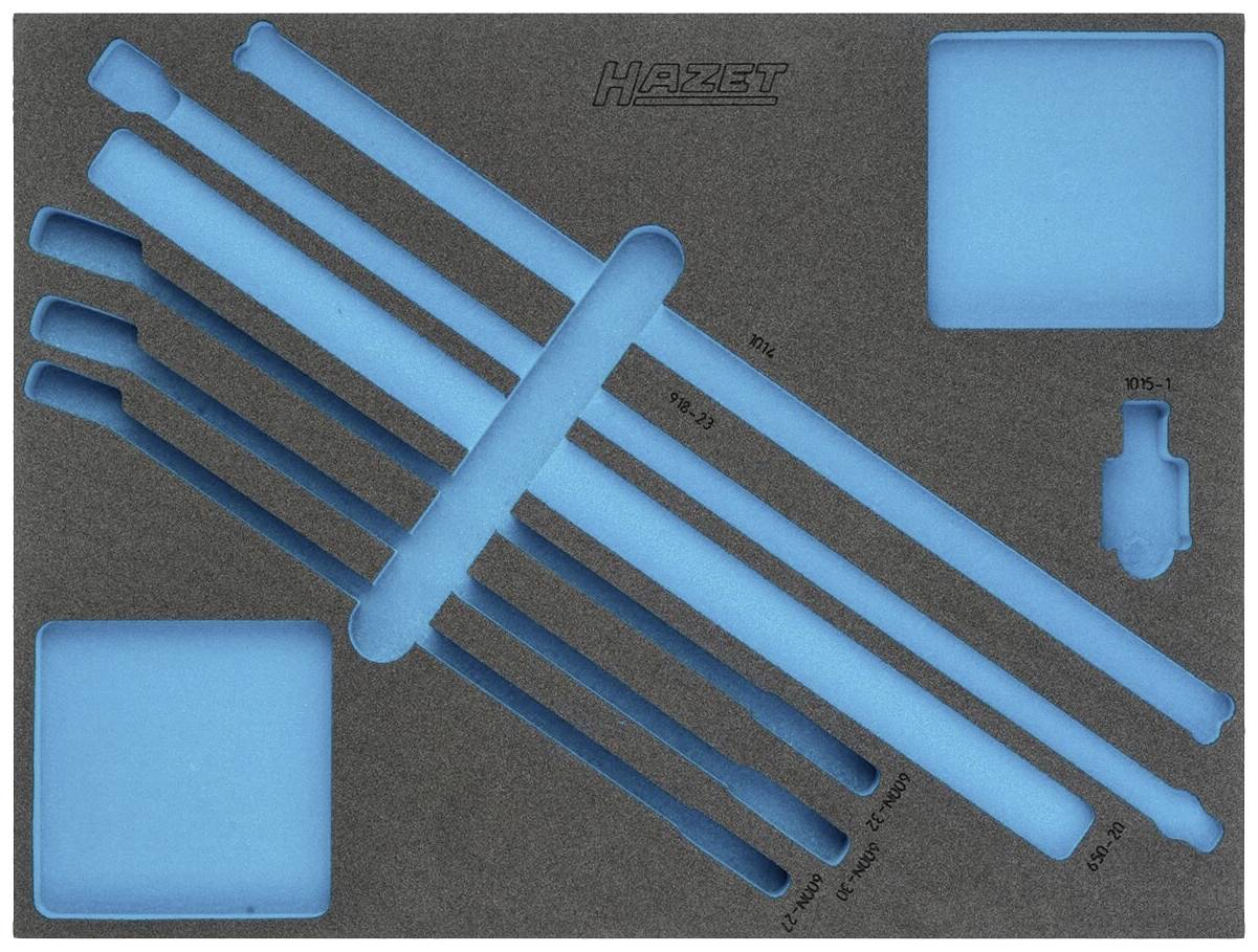 Een schuimstof-inzetstuk met blauwe uitsparingen voor het opbergen van gereedschappen, geschikt voor Hazet-gereedschappen. Gereedschap ontbreekt.