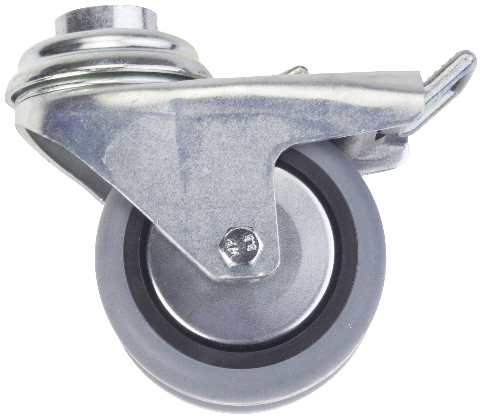 Metalen rol met grijs rubberwiel en bevestiging.