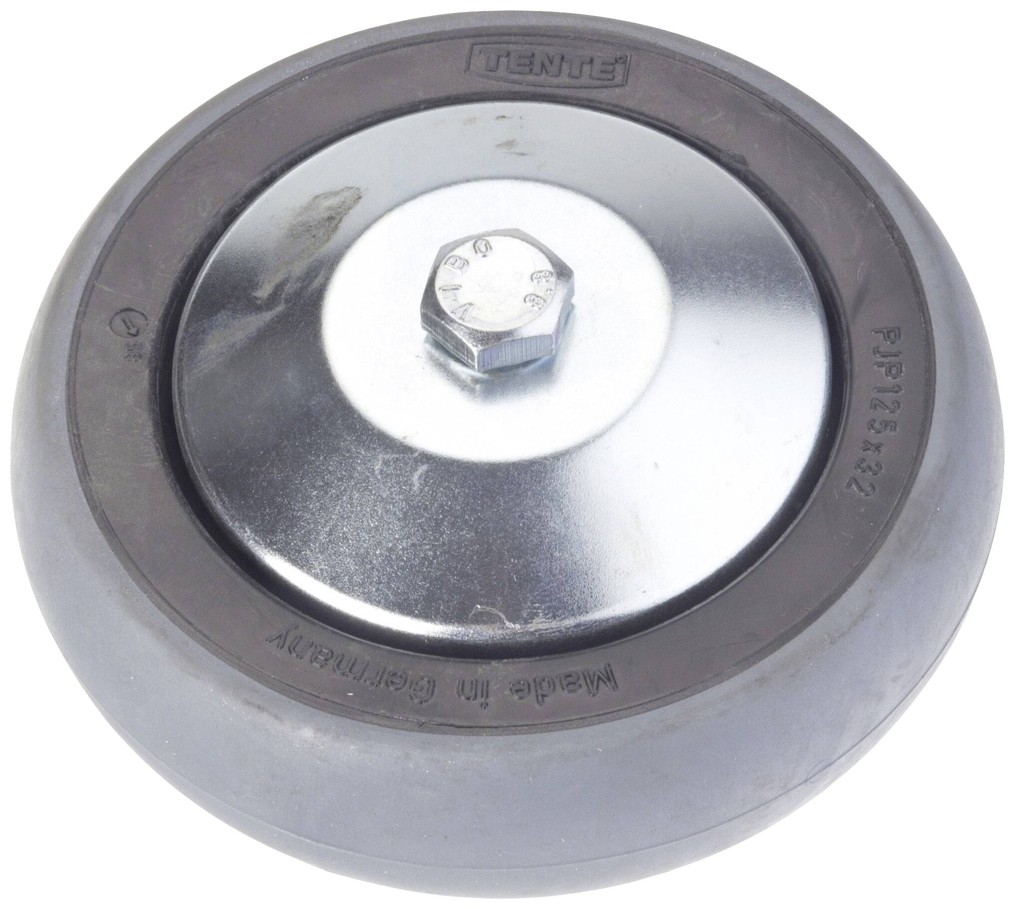 Zwart wiel met zilveren metalen naaf en zeskantschroef, aan de zijkant gedrukt opschrift 'Made in Germany'.