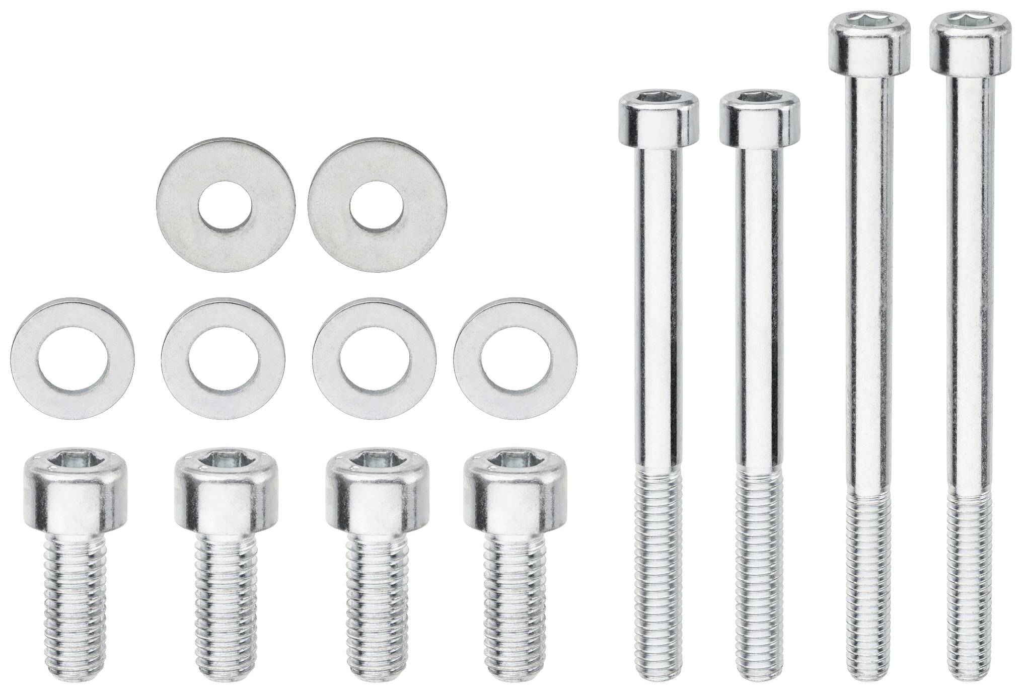Een schikking van zes schroeven en acht metalen sluitringen die op een lichte ondergrond liggen.