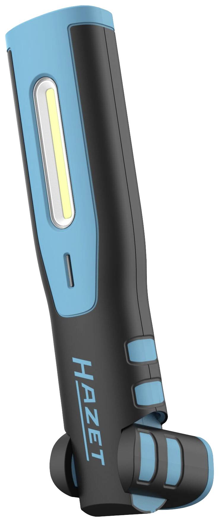 Een zwarte en blauwe LED-zaklamp met het opschrift 'HAZET' aan de zijkant.