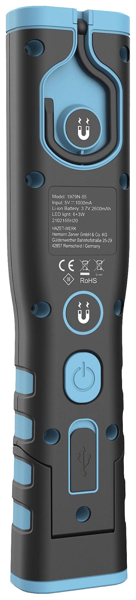 Een zwarte draagbare LED-lamp met blauwe accenten, voorzien van een USB-aansluiting en verschillende bedieningsknoppen aan de voorkant.