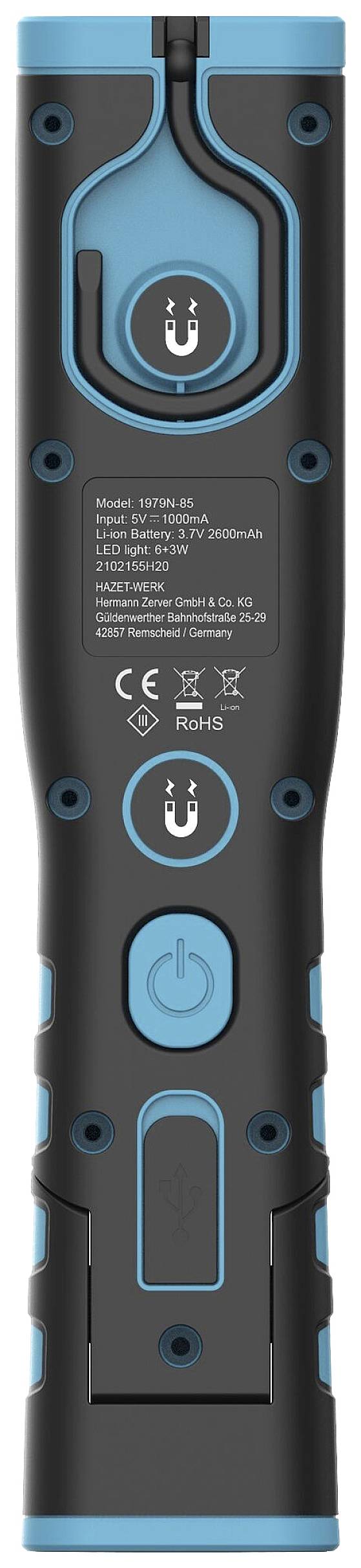 Zwart-blauw elektrisch apparaat met USB-aansluiting, voorzien van CE- en RoHS-conformiteitssymbolen, geschikt voor laad- en controledoeleinden.