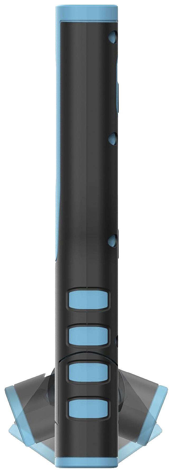 Slanke, zwarte pen met blauwe accenten, verticaal geplaatst. Bevat meerdere bedieningsknoppen langs de zijkant.