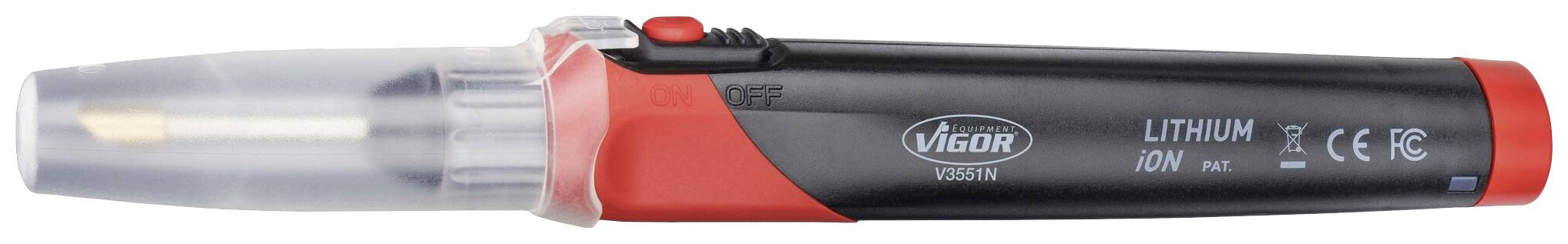 Een rood en zwart, accugevoed mini-schroevendraaier-gereedschap met transparante kap, merk 'Vigor', Lithium 10W.