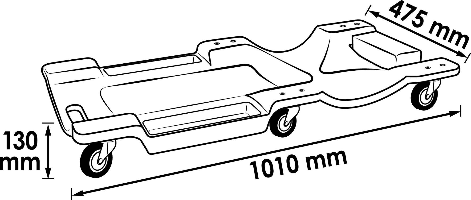 Afbeelding van een monteurstafel met wielen, afmetingen 1010 mm lengte, 475 mm breedte, 130 mm hoogte.