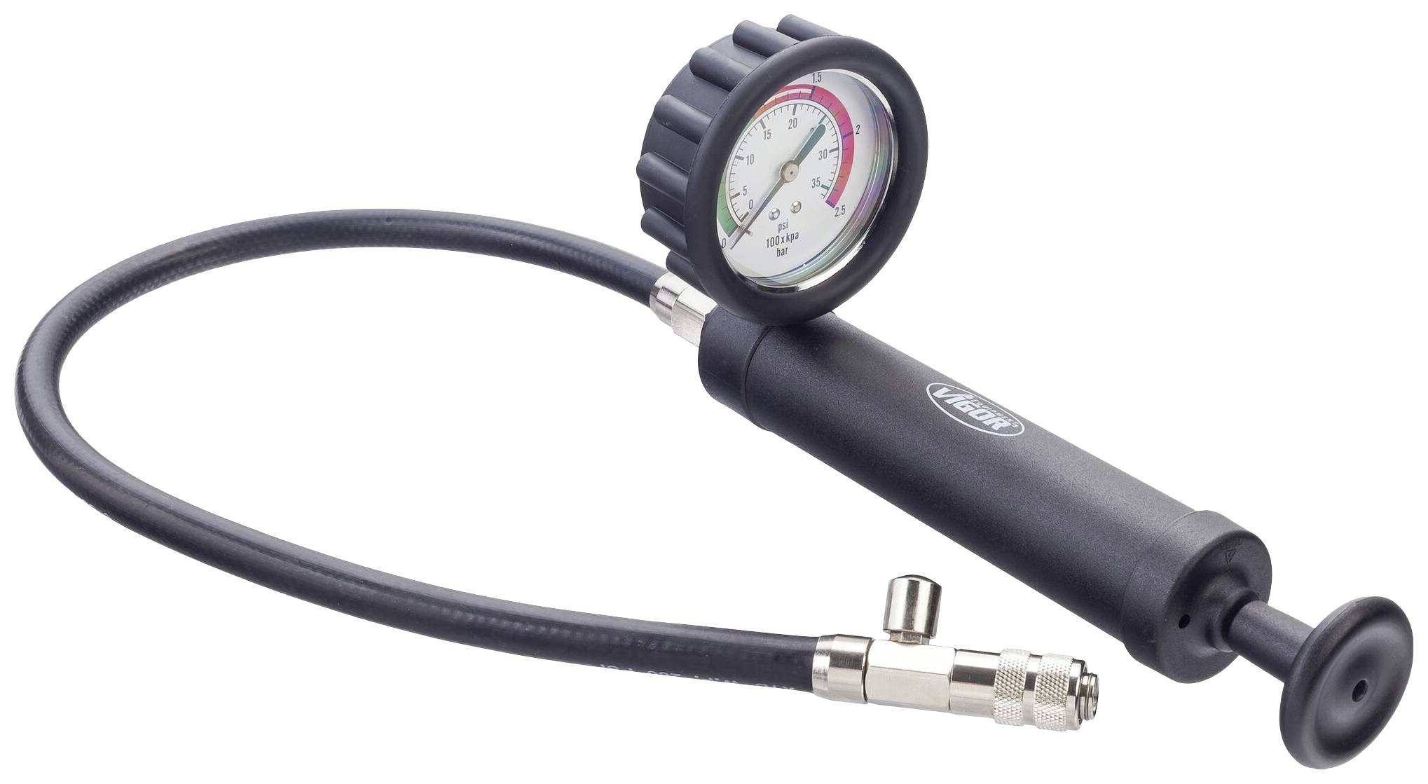 Manometer met zwarte slang en pompgreep, voor het meten van druk. Het meetbereik is kleurgecodeerd.