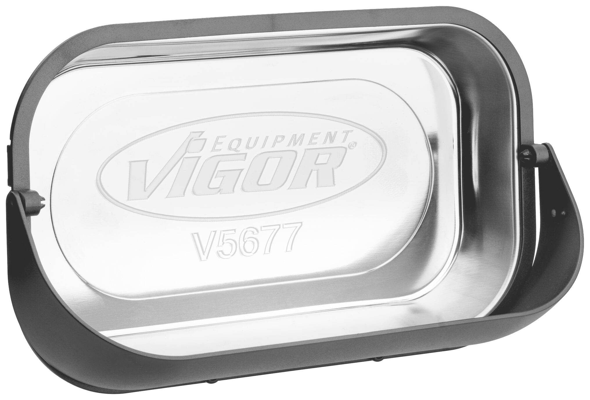 Metalen bak met het opschrift 'Equipment Vigor V5677', gebruikt voor het opslaan van kleine metalen onderdelen of gereedschappen.